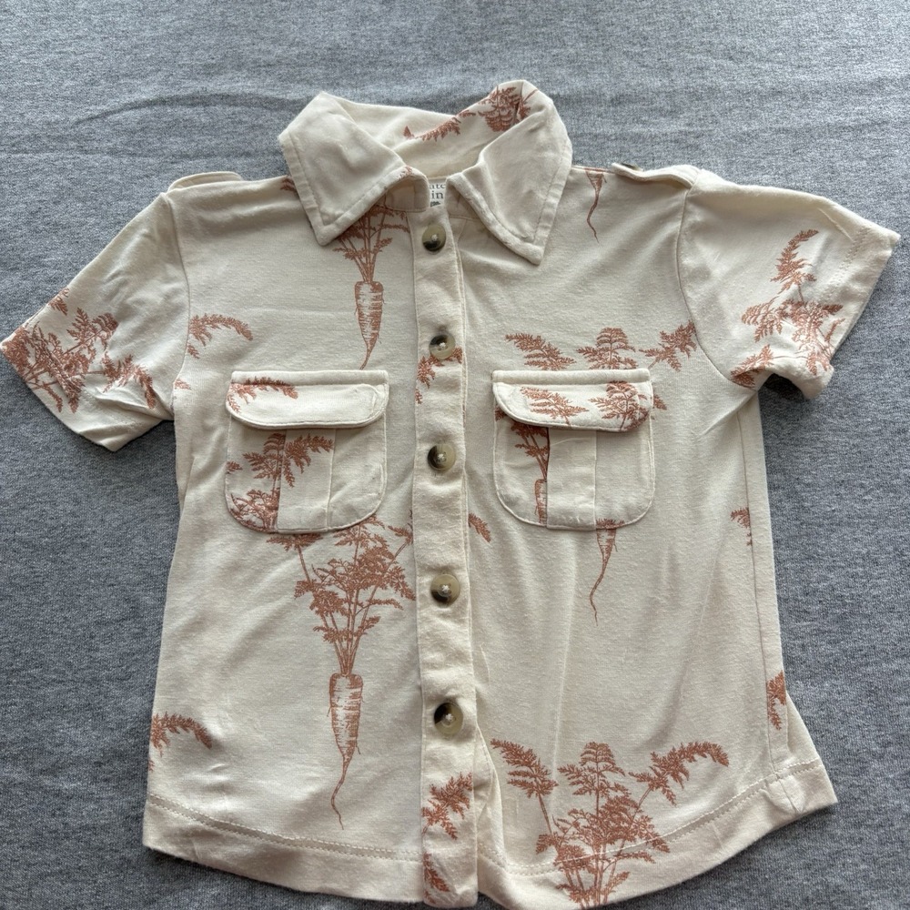 Boutique Kate Quinn Camp Shirt Button Down Carrot Line Art Organic Cotton 12-18M